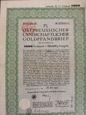 1000 Goldmark obligatiune titlu neincasat la purtator Germania 1927 foto