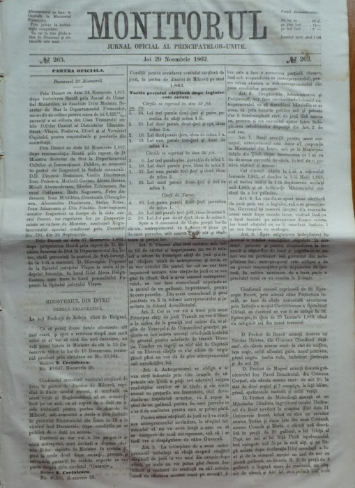 Monitorul , Jurnal oficial al Principatelor Unite , nr. 263 , 1862 , Bucuresti