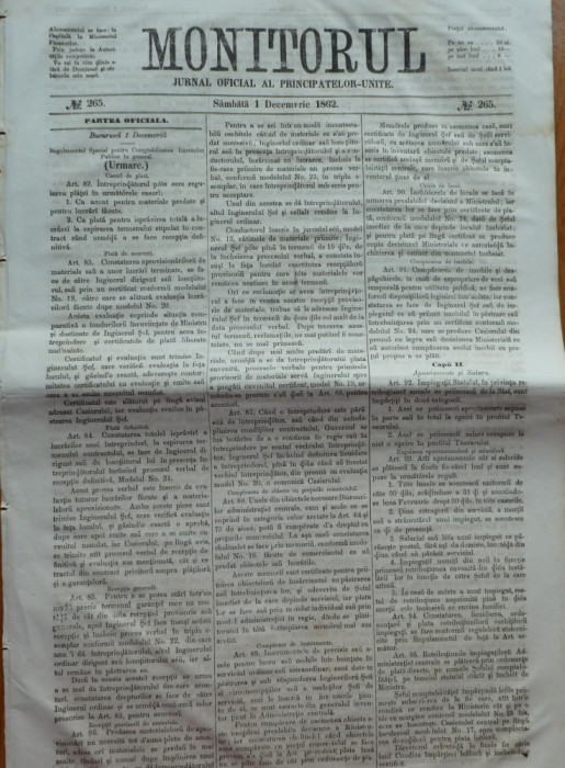 Monitorul , Jurnal oficial al Principatelor Unite , nr. 265 , 1862 , Bucuresti