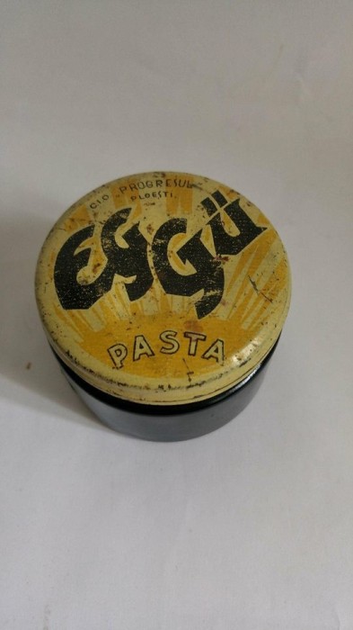 Borcan cu capac de tabla C.I.O &quot;Progresul&quot;Ploiesti, EGGU PASTA, Romania anii &#039;70