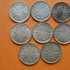 THREE PENCE ARGINT LOT 3 PENCE: 1948, 1949, 1950, 1951, 1952, 1955, 1957, 1958.