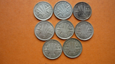 THREE PENCE ARGINT LOT 3 PENCE: 1948, 1949, 1950, 1951, 1952, 1955, 1957, 1958. foto