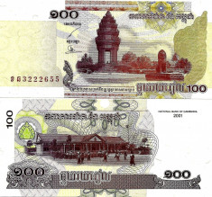 CAMBODIA 100 riels 2001 - UNC foto