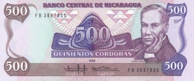 Bancnota Nicaragua 500 Codobas 1985 - P155 UNC foto
