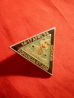 Insigna Romanian RT AGM Suceava 1994 ,metal si email ,h= 3 cm foto