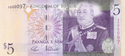 Bancnota Tonga 5 Pa&amp;#039;anga (2009) - P39a UNC ( numar mic de serie ) foto