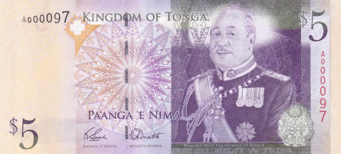Bancnota Tonga 5 Pa&#039;anga (2009) - P39a UNC ( numar mic de serie )