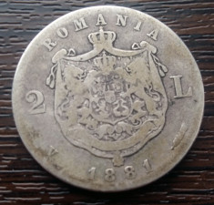 (A63) MONEDA DIN ARGINT ROMANIA - 2 LEI 1881, CAROL I foto