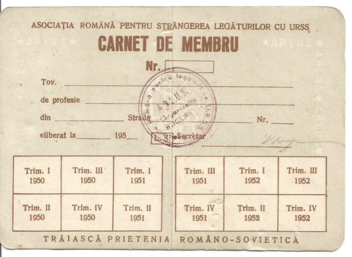 (A) CARNET DE MEMBRU ARLUS - ANUL 1950 NEEMIS -f rar