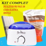 Kit Epilare Profesional Ceara Elastica Refolosibila Pro Wax 100, Incalzitor Ceara, Granule 250g, Spatule Lemn