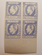 CAROL I CU BARBA IMPRESIUNE DEFECTUASA 1872 - 10 BANI ULTRAMARIN BL4 MNH foto