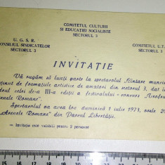 INVITATIE SPECTACOL CANTARE MUNCII 1973 , ARENELE ROMANE