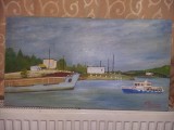 Tablou pictat vintage NAVE IN PORT LA DUNARE,Semnat si datat,Pictura veche