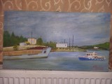 Tablou pictat vintage NAVE IN PORT LA DUNARE,Semnat si datat,Pictura veche, Marine, Ulei, Realism