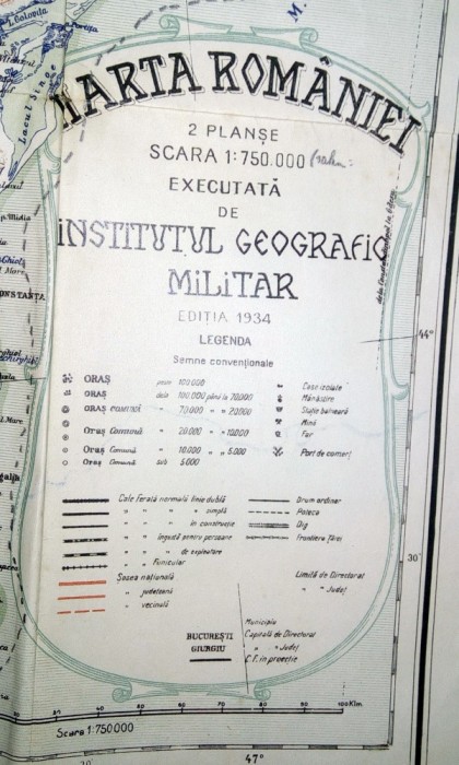 RARA = HARTA ROMANIEI - EDITIA 1934 -FORMATA DIN DOUA PLANSE , EXECUTATA DE INSTITUTUL