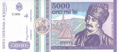 Bancnota Romania 5.000 Lei 1992 - P103 UNC ( numar serie mic - 000xxx ) foto