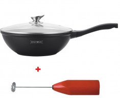 Tigaie wok cu capac 30 cm, invelis marmura, Royalty Line, negru + Mixer electric, spuma lapte, Cadou foto