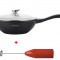 Tigaie wok cu capac 30 cm, invelis marmura, Royalty Line, negru + Mixer electric, spuma lapte, Cadou