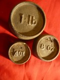 3 Greutati pt. cantar englezesti , f.vechi : 4oz , 8 oz si 1 livra