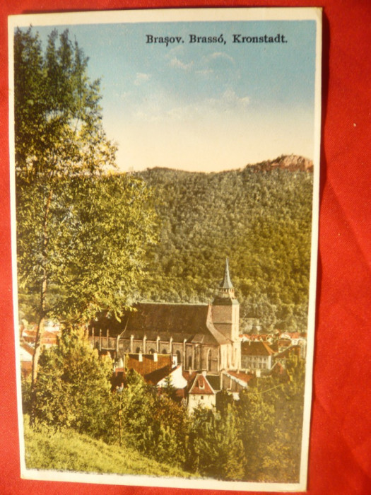 Ilustrata - Brasov- Vedere Biserica Neagra cu Tampa , interbelica , color