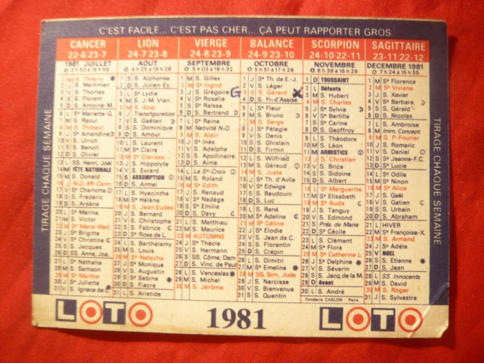 Calendar Religios Catolic si cu Zodii -1981 Franta -Ed. Loteriei