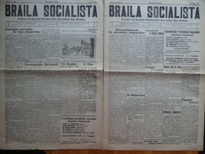 Ziarul Braila Socialista , an 1 , nr. 1 si 2 , 1926 , 1