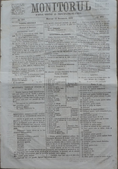 Monitorul , Jurnal oficial al Principatelor Unite , nr. 273 , 1862 , Bucuresti