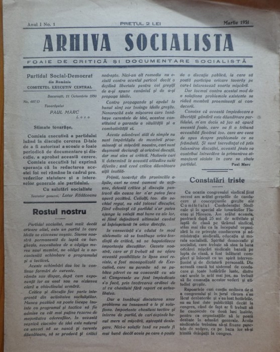 Ziarul Arhiva Socialista , foaie de critica si documentare , an 1 , nr. 1 , 1931