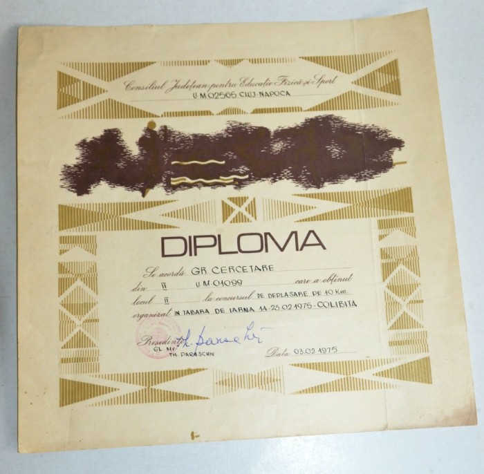 Diploma M.A.N. - R.S.R. -U.M. Cluj Napoca - deplasare pe 10 km
