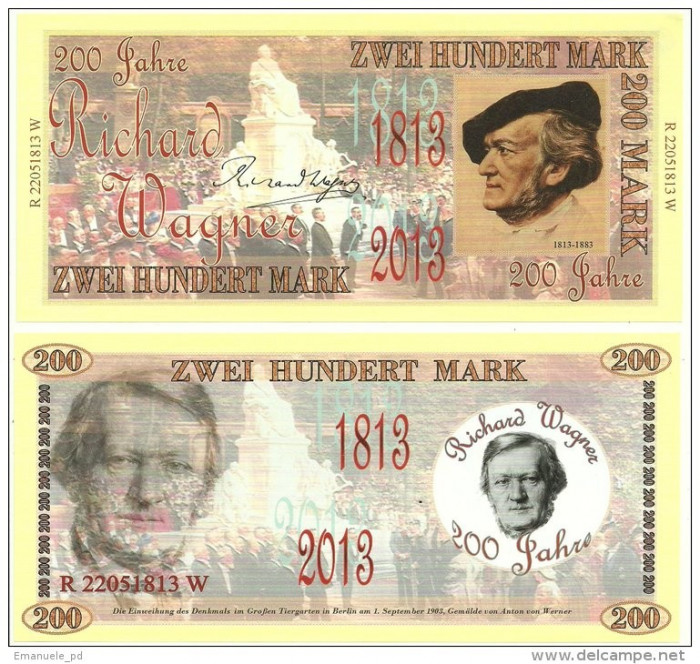 !!! ITALIA = FANTASY NOTE = 200 MARCI 2013 , COMM - UNC/ R. WAGNER/ 209 x 97 mm