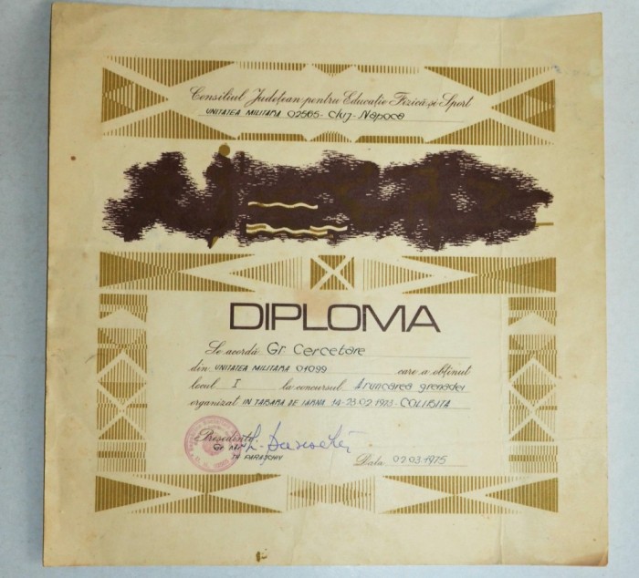 Diploma M.A.N. - R.S.R. -U.M. Cluj Napoca - Aruncarea Grenadei