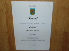 BREVET ORDINUL MERITUL MILITAR CL.III-a ANUL 1995 SEMNAT ILIESCU foto