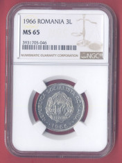 Romania 3 lei 1966 UNC, gradata MS65 de NGC, piesa de colectie! foto