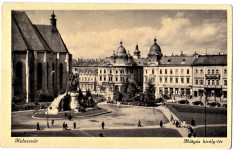 Cluj Kolozsvar,statuia M.Corvin,turnurile gemene,masini de epoca,animata 1940 foto
