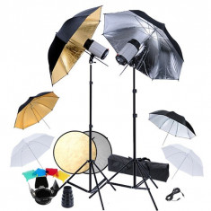 Set studio 2 blitzuri, 6 umbrele ?i o blenda reflexie foto