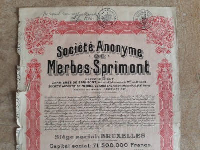 ACTIUNI SOCIETE ANONYME DE MERBES - SPRIMONT - 500 FR - BELGIA 1929 foto