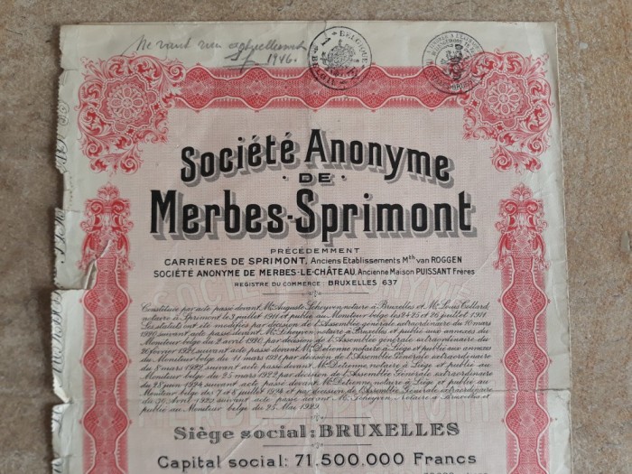 ACTIUNI SOCIETE ANONYME DE MERBES - SPRIMONT - 500 FR - BELGIA 1929 foto mare ACTIUNI SOCIETE ANONYME DE MERBES - SPRIMONT - 500 FR - BELGIA 1929 foto mare