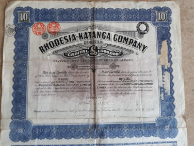 ACTIUNI - RHODESIA - KATANGA COMPANII - EMISE LA LONDRA 1937 foto