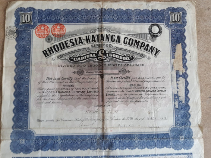 ACTIUNI - RHODESIA - KATANGA COMPANII - EMISE LA LONDRA 1937