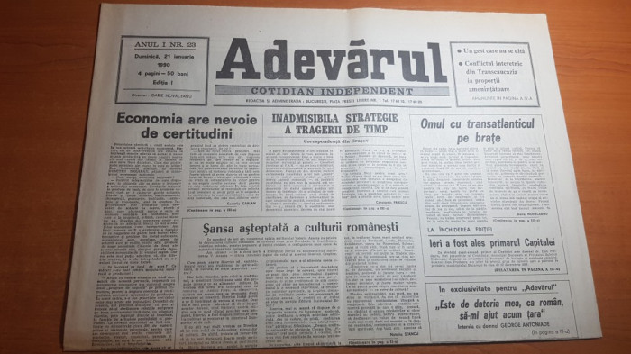 ziarul adevarul 21 ianuarie 1990-art. juranl de pe baricade