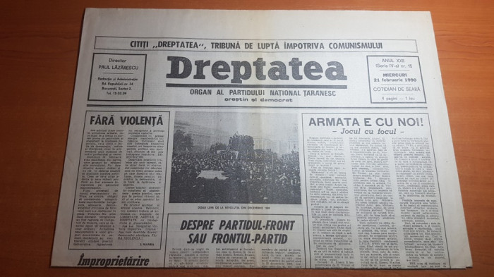ziarul dreptatea 21 februarie 1990-2 luni de la revolutia din decembrie 1989