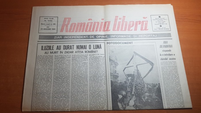 ziarul romania libera 25 ianuarie 1990-iluziile au durat numai o luna