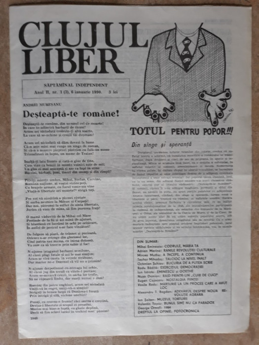 ZIARE VECHI - CLUJUL LIBER - ANUL 2 - NR. 1 ( 3 ) - 6 IANUARIE 1990