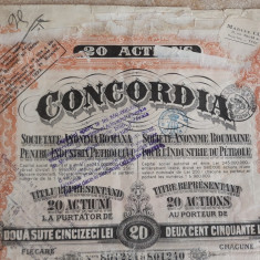 ACTIUNI CONCORDIA SOC. ANONIMA ROMANA PENTRU INDUSTRIA PETROLULUI -20 LEI - 1923
