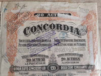 ACTIUNI CONCORDIA SOC. ANONIMA ROMANA PENTRU INDUSTRIA PETROLULUI -20 LEI - 1923 foto