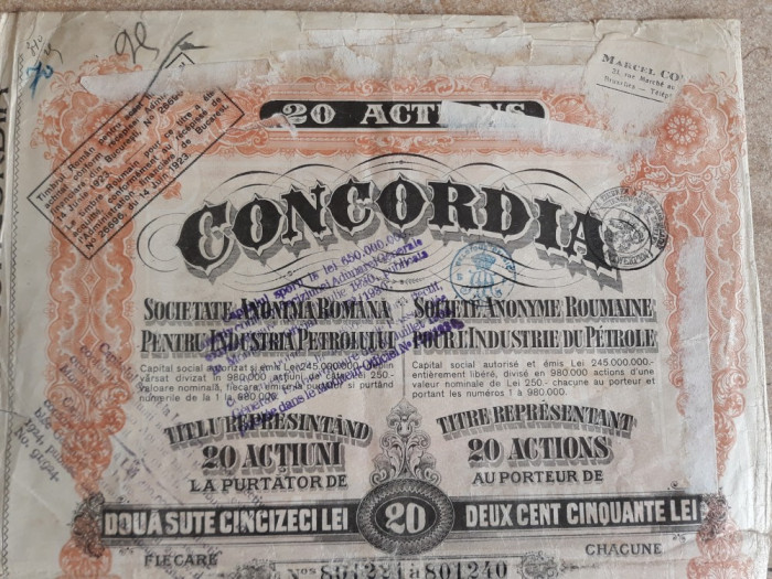 ACTIUNI CONCORDIA SOC. ANONIMA ROMANA PENTRU INDUSTRIA PETROLULUI -20 LEI - 1923