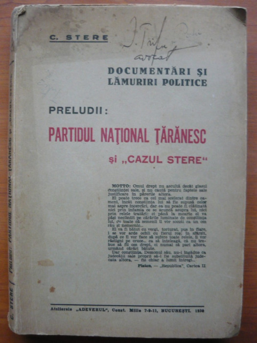 C. STERE - DOCUMENTARI SI LAMURIRI POLITICE - PRELUDII... - 1930