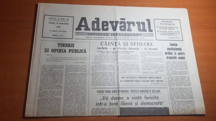 ziarul adevarul 19 ianuarie 1990-printesa margareta pt prima oara in romania foto mare ziarul adevarul 19 ianuarie 1990-printesa margareta pt prima oara in romania foto mare