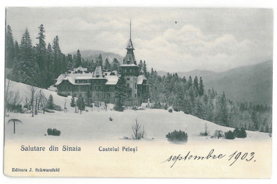 584 - SINAIA, Romania, Peles Tower in winter - old postcard - unused - 1903 foto