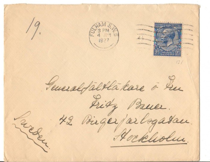 CPI B 10222 PLIC CIRCULAT LA STOCHOLM, STAMPILA FULHAM 1927